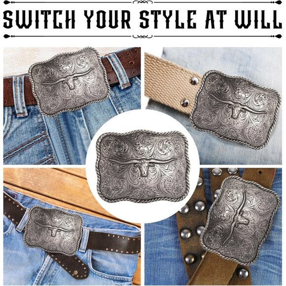 Unisex Silver Western Cowboy Belt Buckle - Texas Bull Skull Belt Buckle - Picture 6 of 6